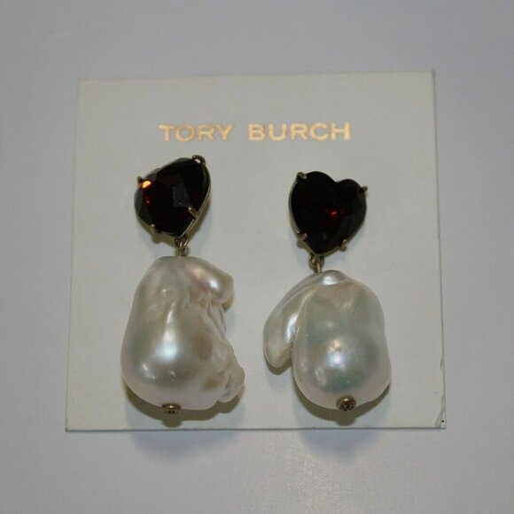 TORY BURCH Red Crystal Heart and Pearl Drop Earrings - Picture 1 of 3